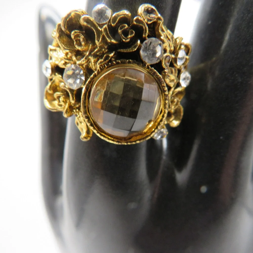 Vintage Gold Tone Rose Floral Cocktail Ring Amber Stone Rhinestone Size 9